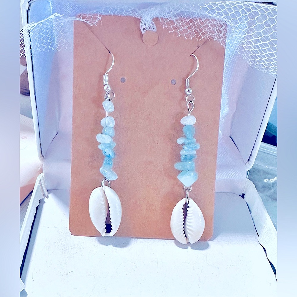 Pretty Baby Blue Natural Crystal Earrings+Sea Shells Dangle Earrings Silver